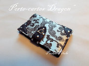 Porte-cartes "Dragon"tissu japonais,noir,argente,simili cuir noir