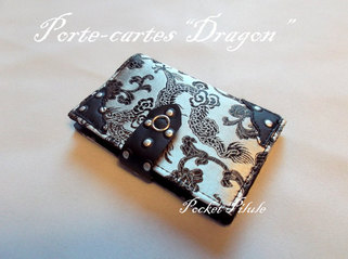 Porte-cartes "Dragon"tissu japonais,noir,argente,simili cuir noir