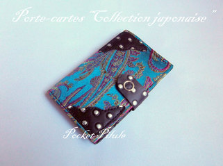 Porte-cartes "Collection japonais"tissu vert-bleu,violet,or,simili cuir noir